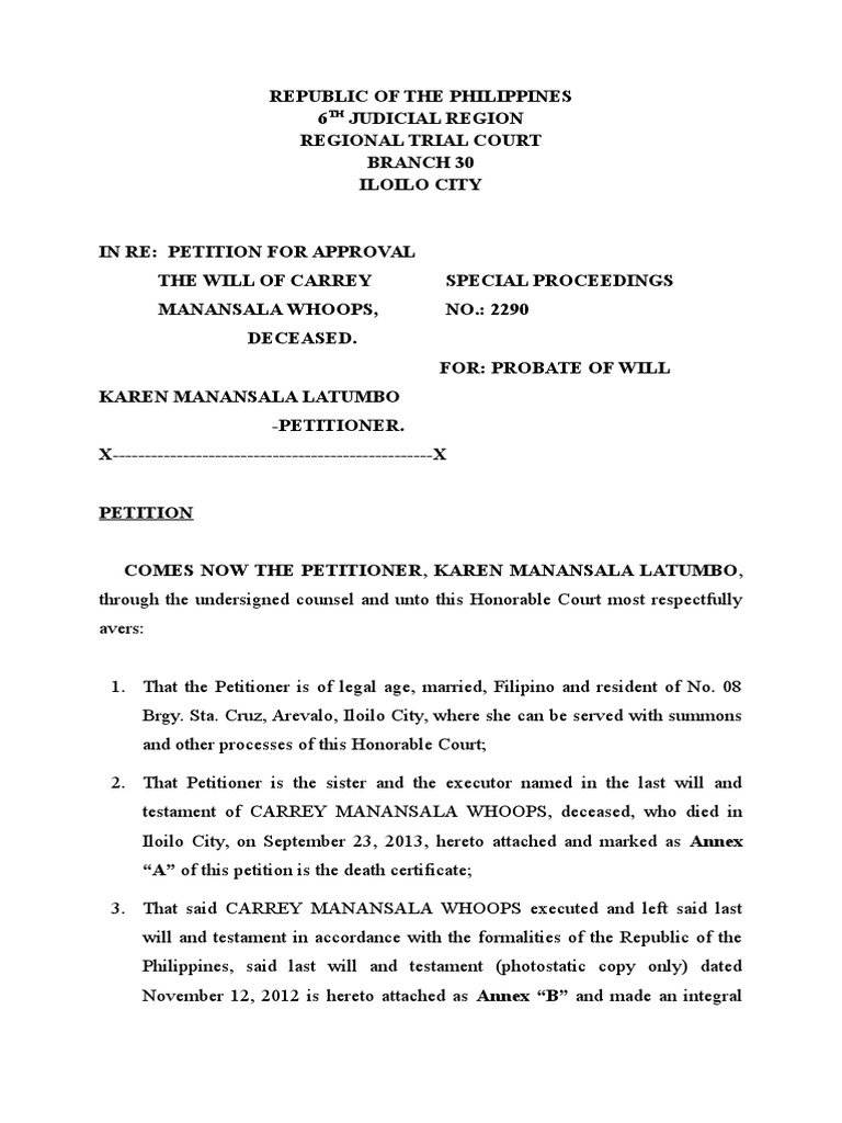 Sample PETITION For Probate of Will | PDF | Probate | Will And 