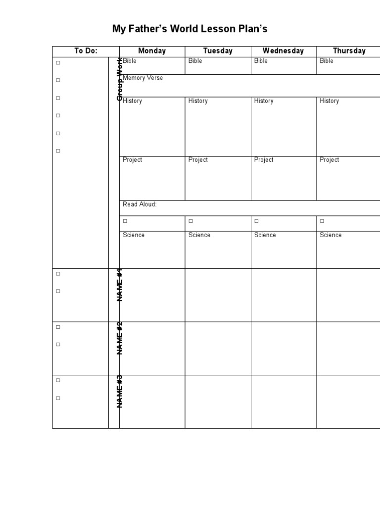 My Father's World Lesson Plan Sheet