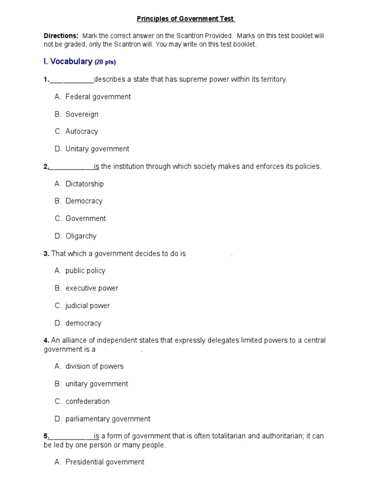 Government Principles Test Overview | PDF | Natural And Legal Rights ...