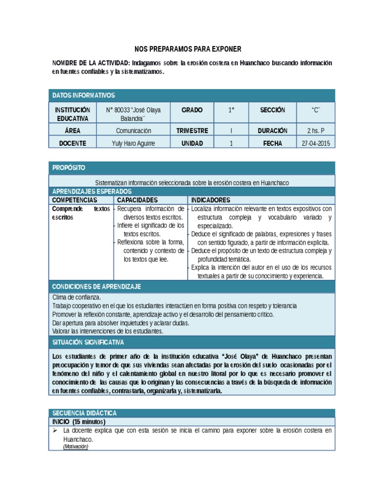 Sesion de Aprendizaje La Exposicion | PDF | Información | Maestros