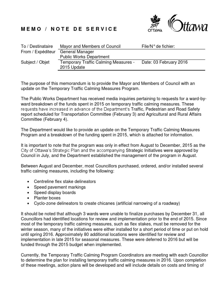 Memo Temporary Traffic Calming Measures_Feb3_2016 Traffic Transport Infrastructure