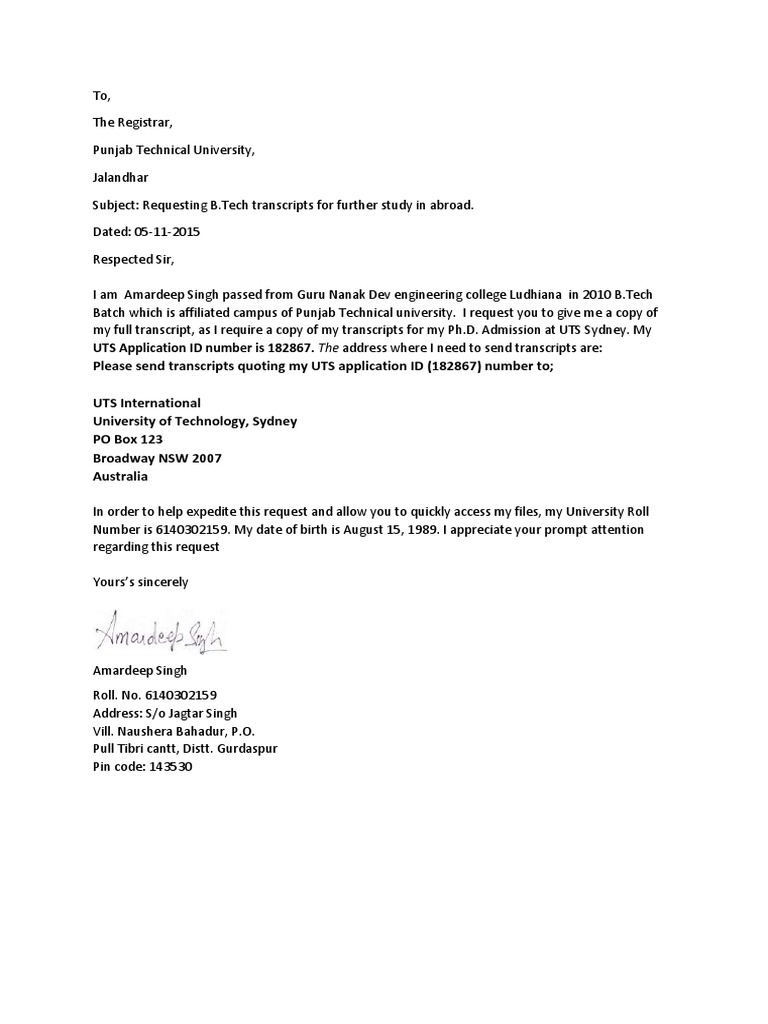 Letter To Registrar
