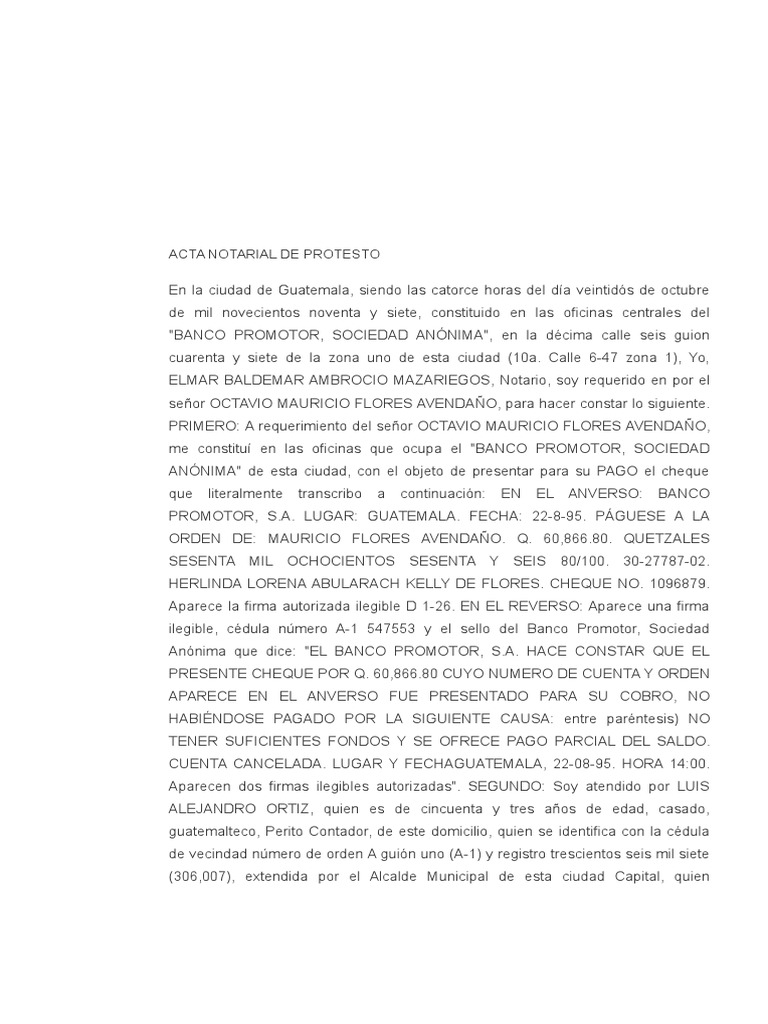 Acta Notarial de Protesto de titulo de credito  Cheque 