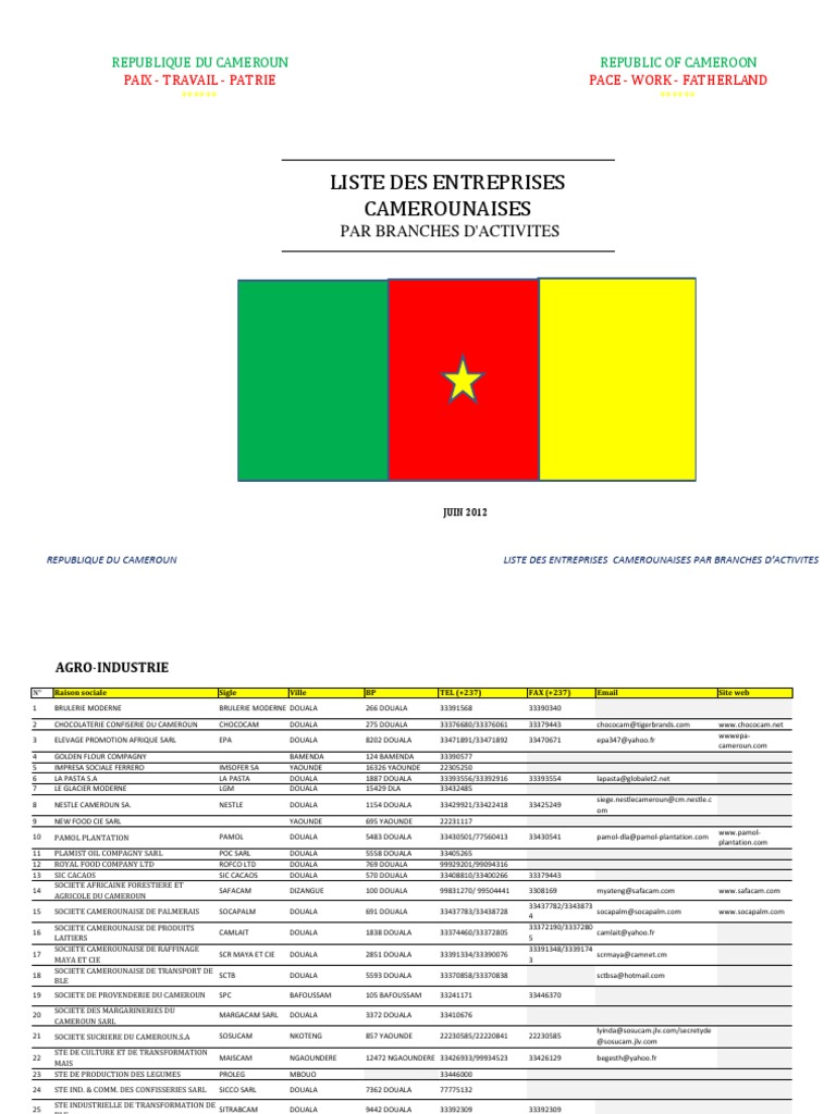 LISTE DES ENTREPRISES CAMEROUNAISES PAR BRANCHES D'ACTIVITES 2012