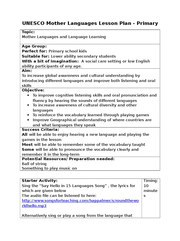 Mother Languages Day Lesson Plan Primary | PDF | Vocabulary | Lesson Plan