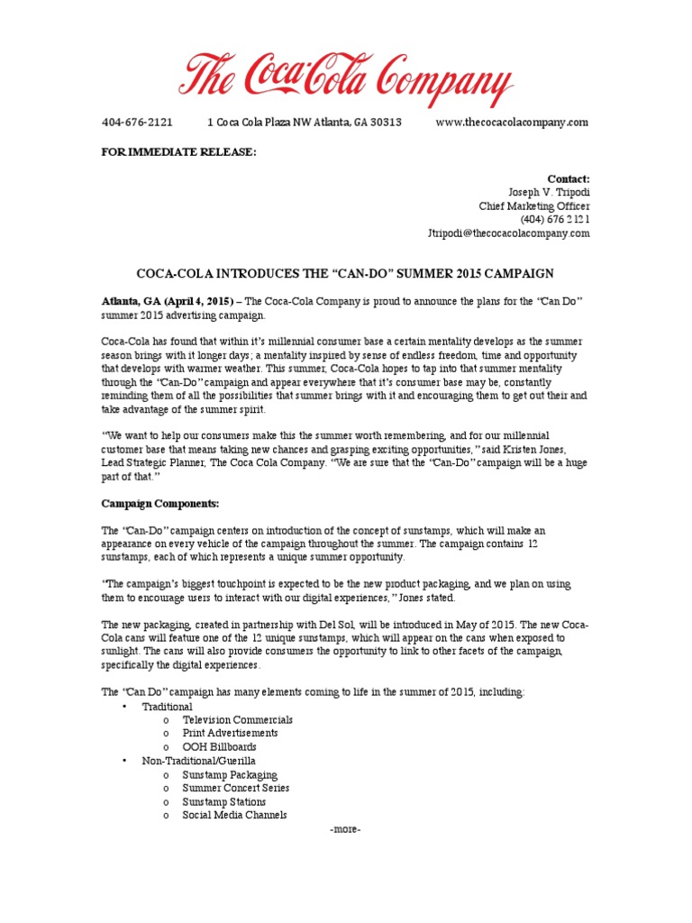 Coke Press Release | PDF | Coca Cola | The Coca Cola Company