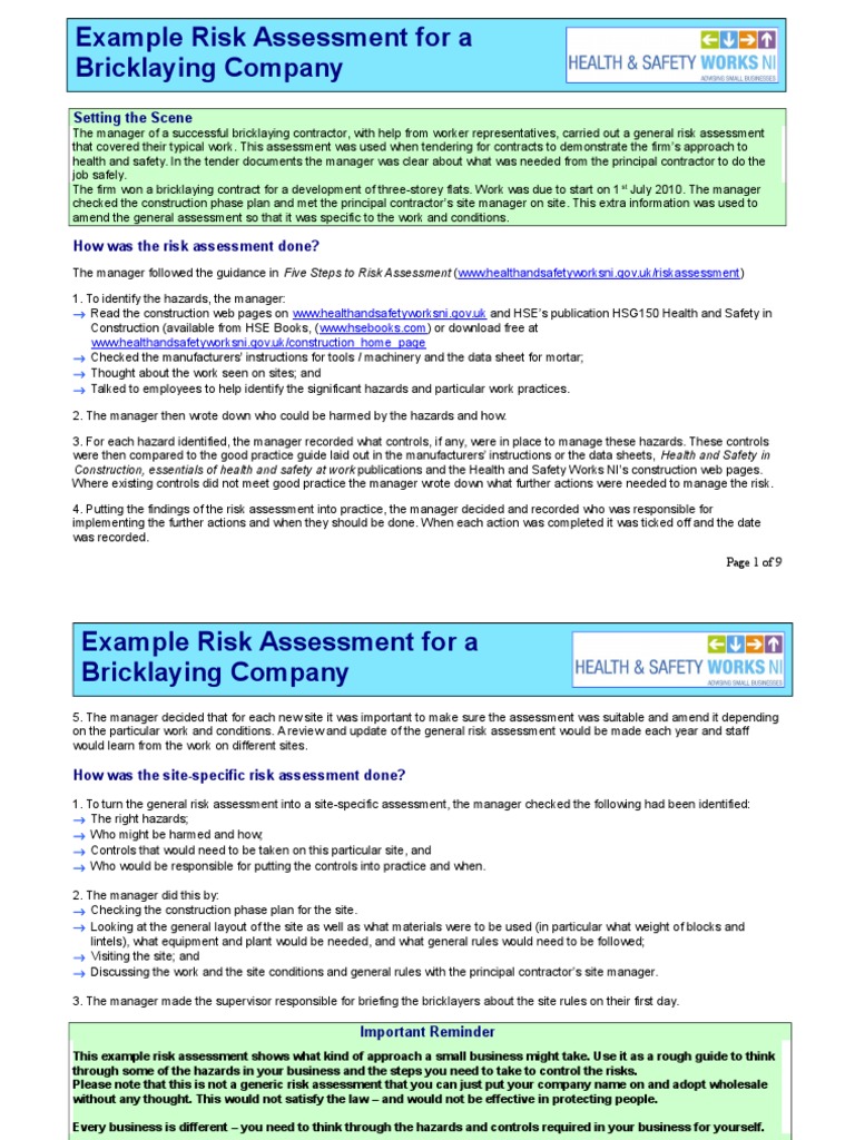 Bricklaying Risk Assessment Example | PDF | Occupational Safety And ...