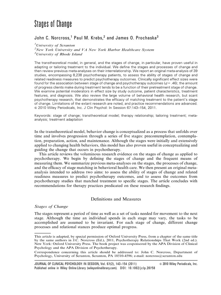 Stages of Change Prochaska e Narcross PDF Psychotherapy Meta