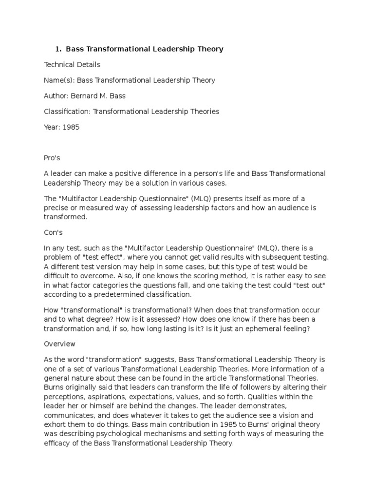 Bass Transformational Leadership Theory Transformational Leadership
