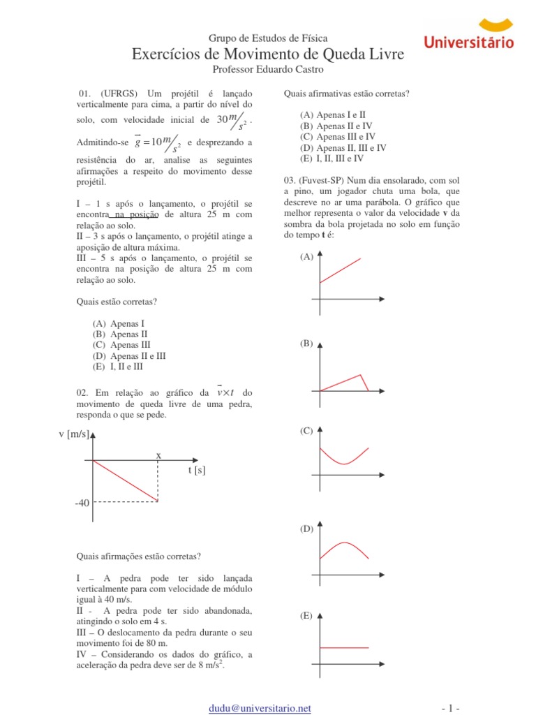 Física - Exercícios Com Gabarito - Queda Livre | PDF | Velocidade ...