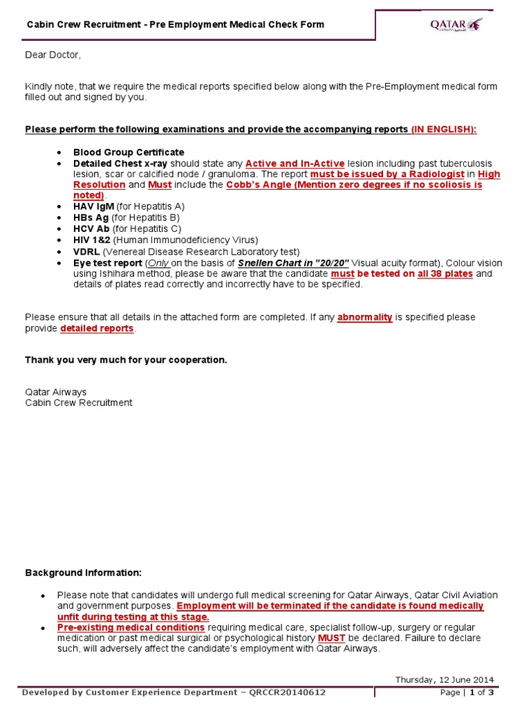 Cabin Crew Recruitment Pre Employment Medical Check Form
