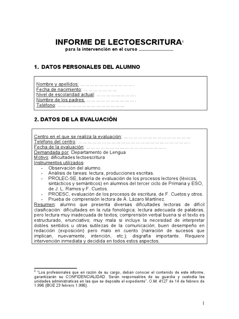 Modelo Informe Lectoescritura ESO, Alumno Con Rasgos Autistas. PDF