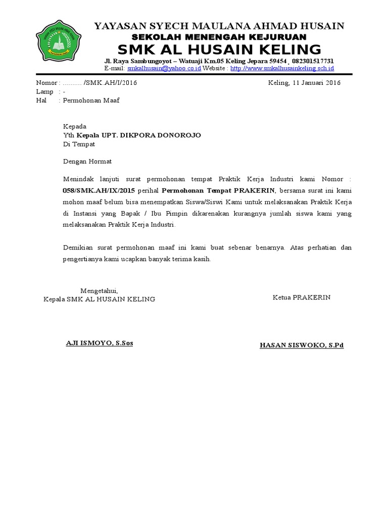 Surat Permohonan Maaf Pembatalan Praktik Industri Pdf