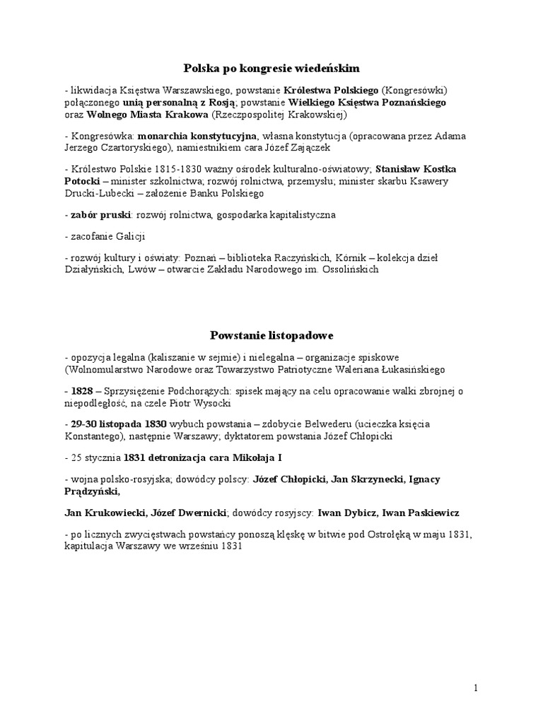 Polska Po Kongresie Wiedeńskim Sprawdzian Polska Po Kongresie Wiedeńskim | PDF
