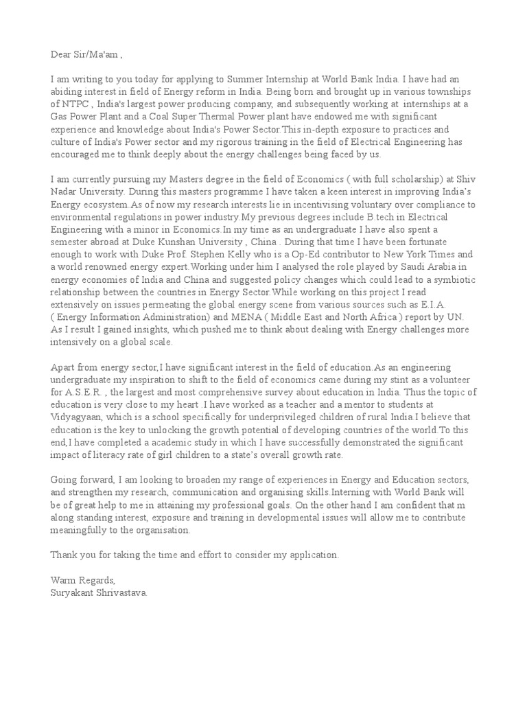Cover Letter World Bank Economies