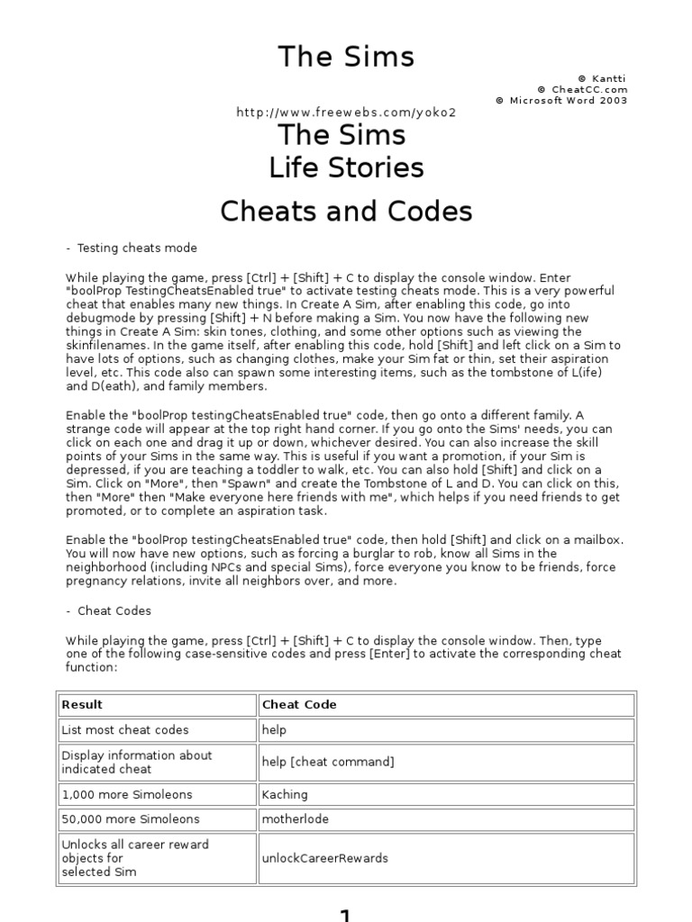 The Sims Life Stories and The Sims 2 CHEATS AND CODES PDF Cheating
