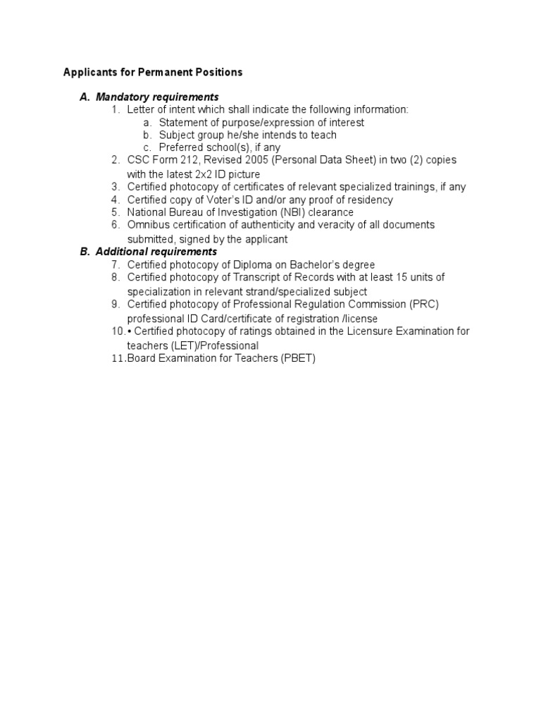 Permanent Position Application Requirements | PDF | Career & Growth