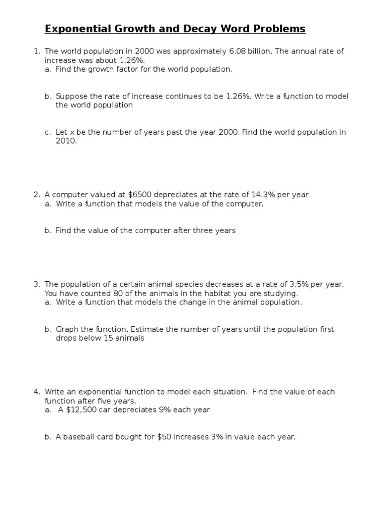 22 Exponential Growth and Decay Word Problems  PDF With Exponential Growth And Decay Worksheet