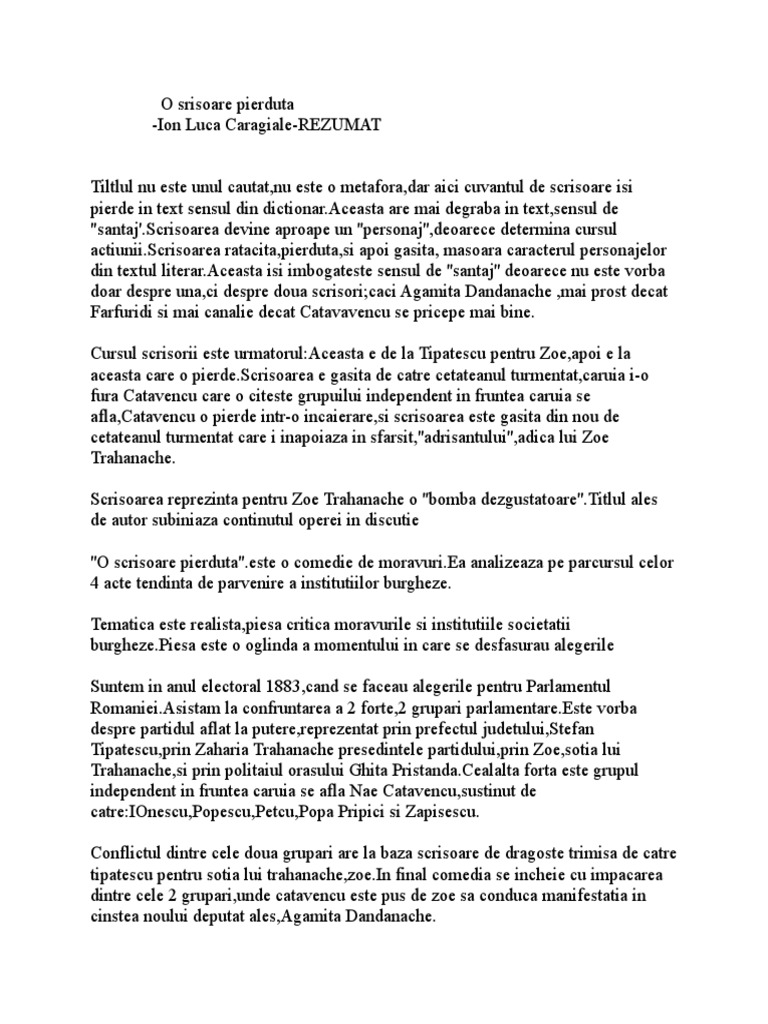 O Ramai Rezumat O Scrisoare Pierduta Rezumat