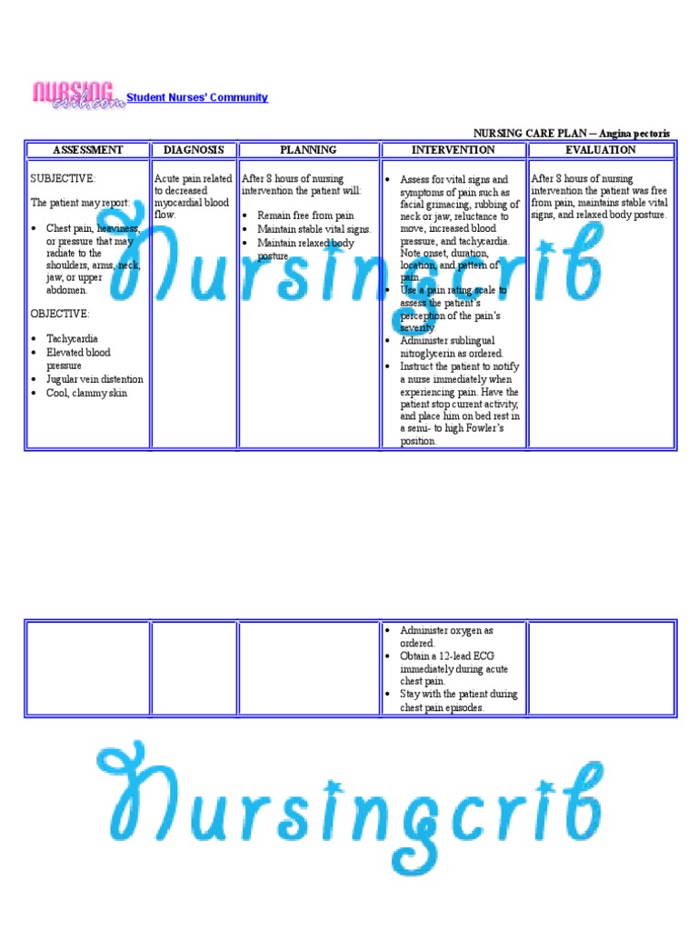Nursing Care Plan for Angina Pectoris | PDF | Internal Medicine | Heart