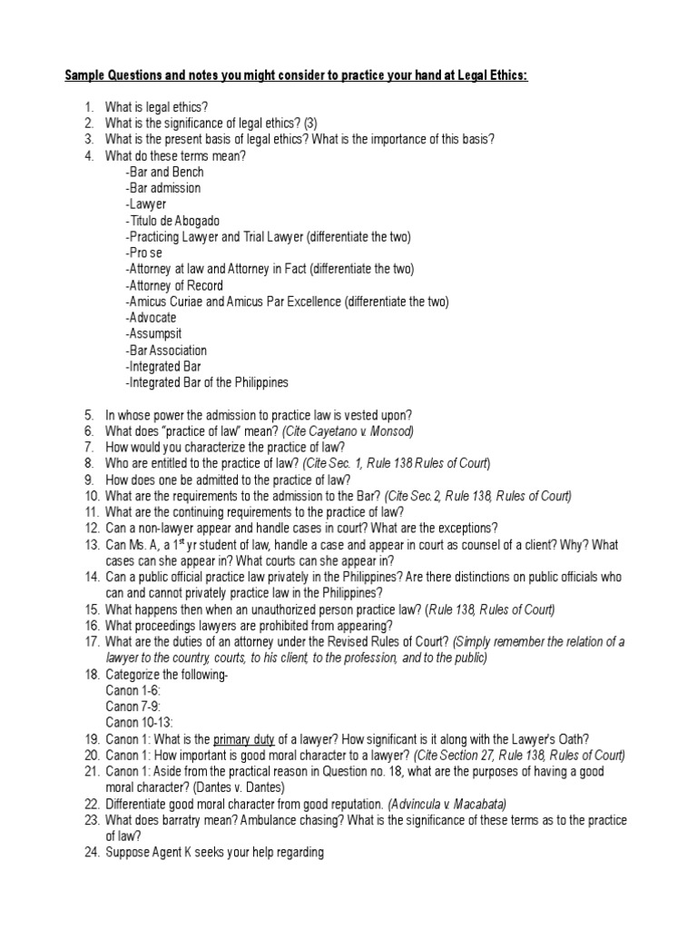 Legal Ethics Sample Drill Questions PDF Practice Of Law Bar