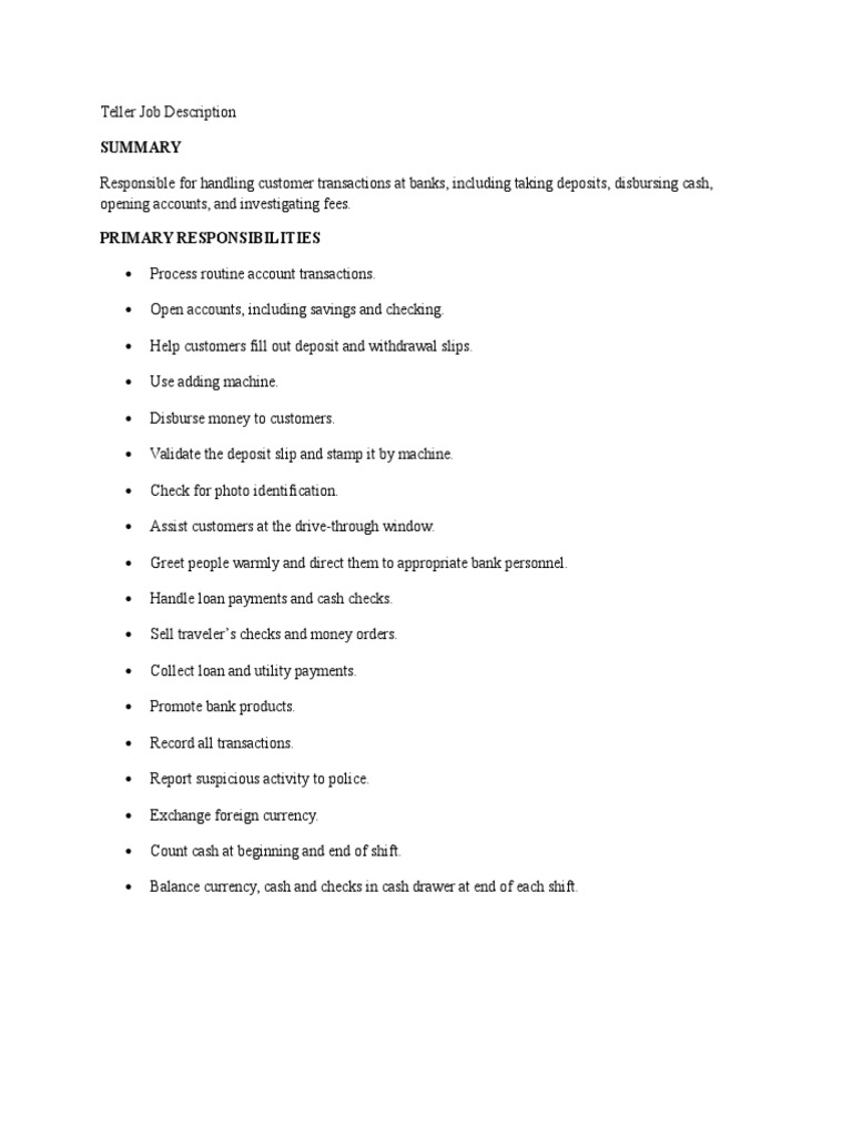 Teller Job Description PDF Cheque Deposit Account