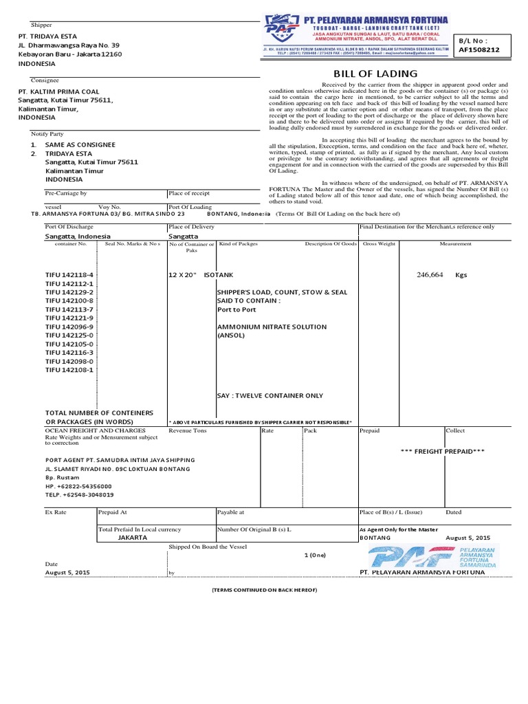 Bill of Lading: Tb. Armansya Fortuna 03/ Bg. Mitra Sindo 23 BONTANG ...