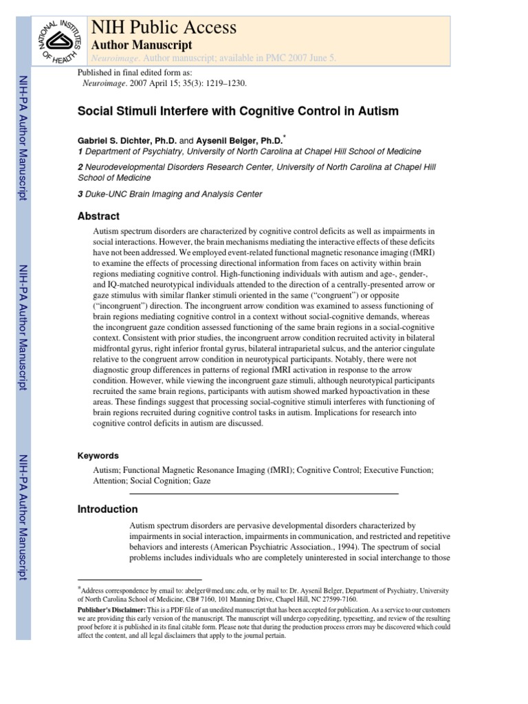 Social Stimuli Interfere With Cognitive Control in Autism PDF | PDF ...