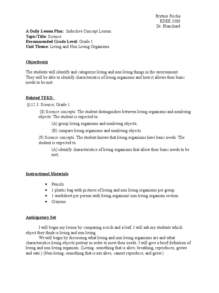 Grade 1 Inductive Science Lesson Plan | PDF | Lesson Plan | Educational ...