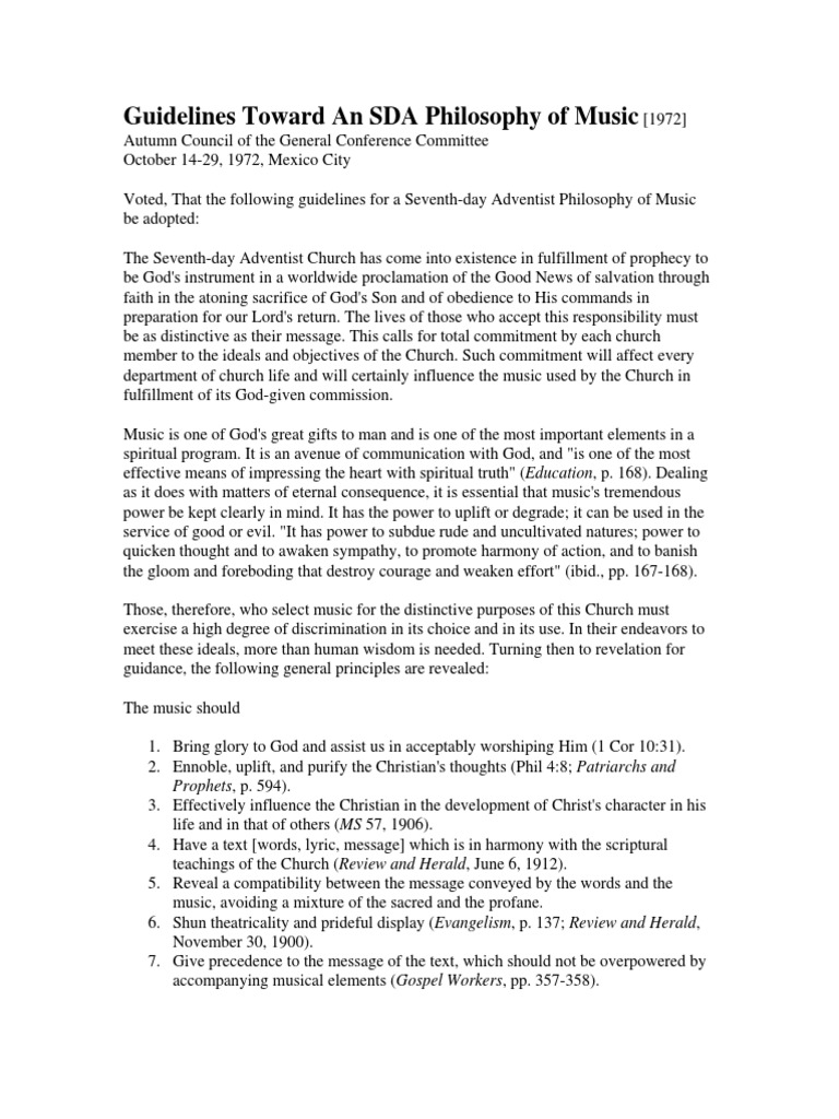 SDA Music Philosophy Guidelines | PDF | Seventh Day Adventist Church ...