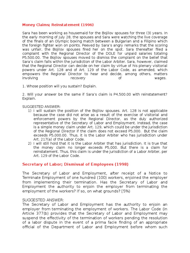 Money Claims Reinstatement (1996) Secretary of Labor Dismissal of
