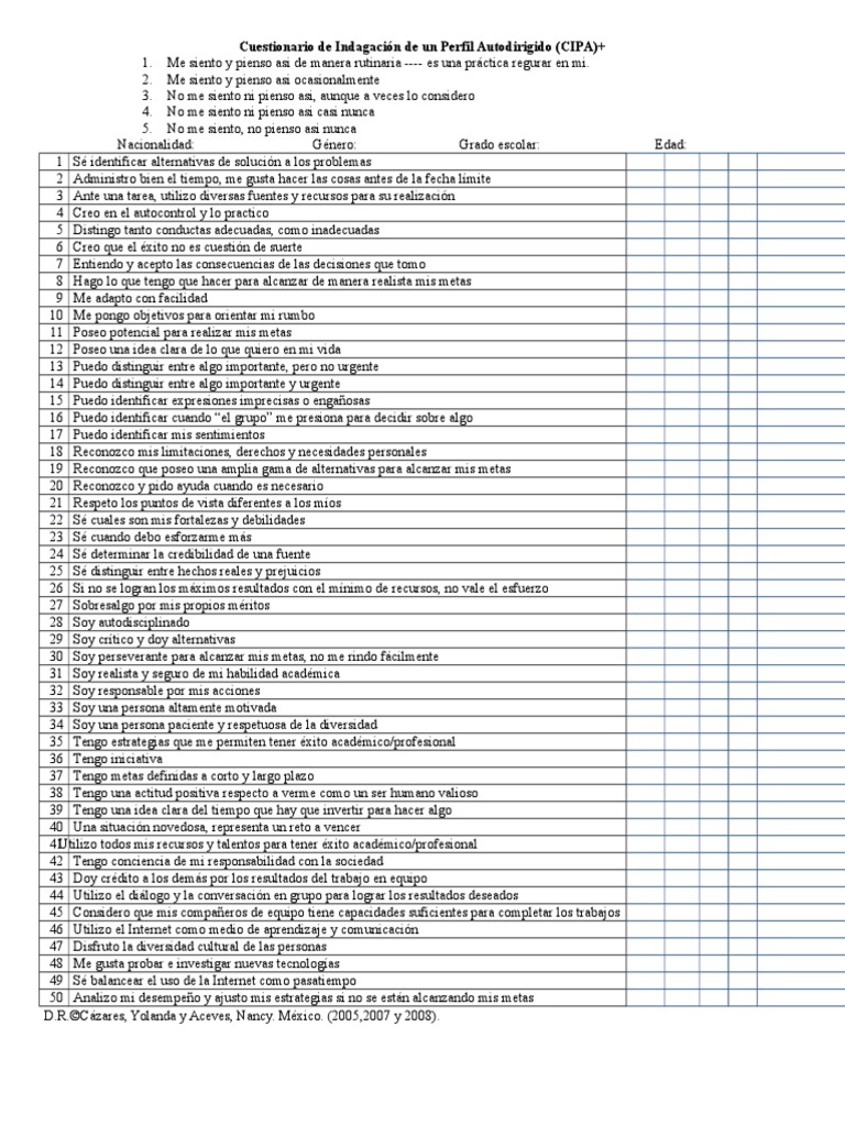 Cuestionario de Autodirección Académica | PDF | Relaciones personales ...
