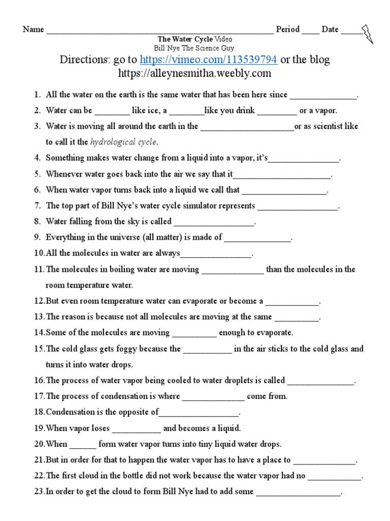 2 3 2016 Used Element Bill Nye Water Cycle Graphic Organizer Video Water Vapor Evaporation