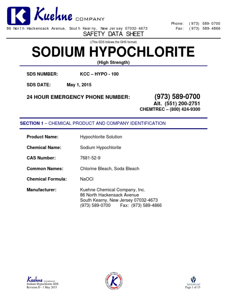 Bleach SDS Example PDF Sewage Treatment Chlorine