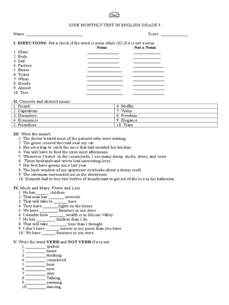 Worksheets For Class 9 English Grammar