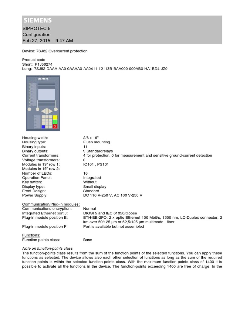 Siemens Protection Relay Specification | Power (Physics) | Engineering
