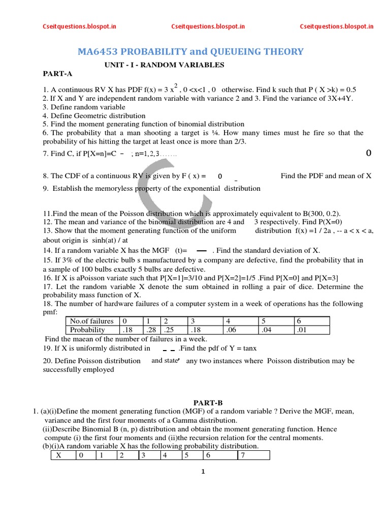 Question Bank For Probabilty Queueing Theory Regulation 2013 | PDF ...