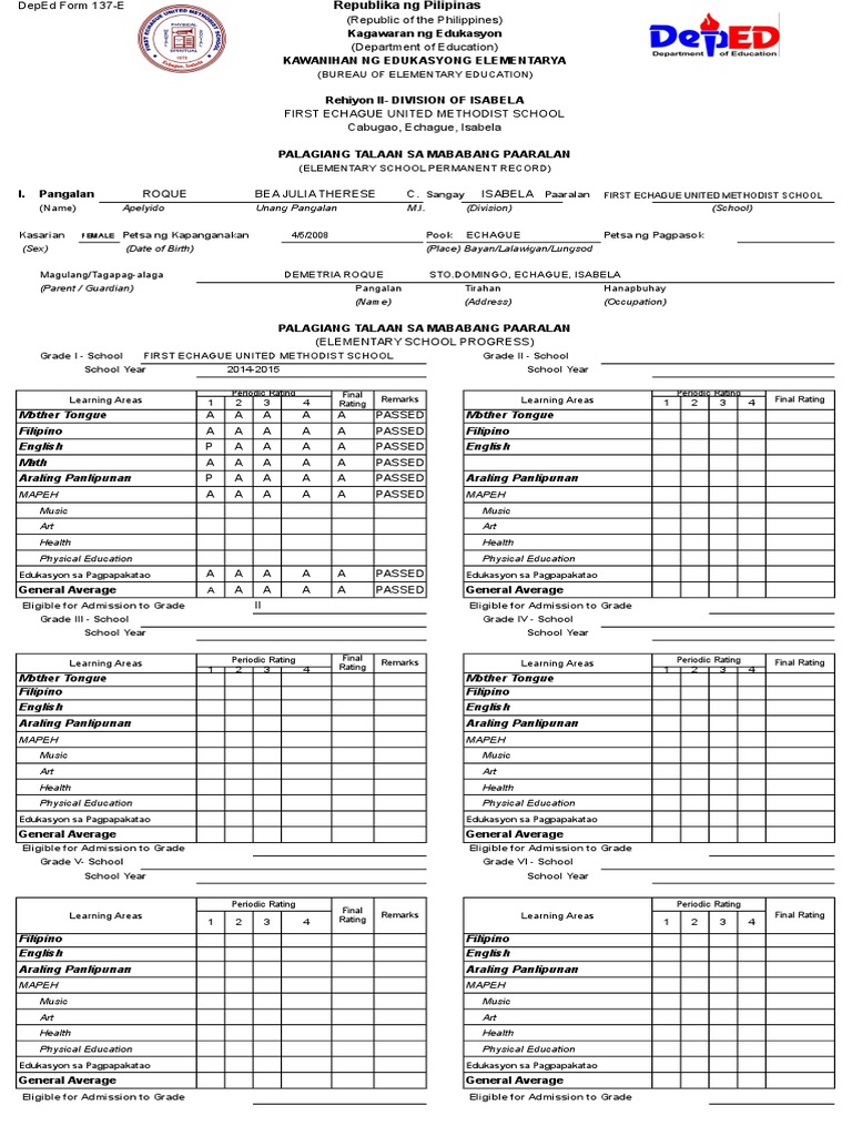 Sample DepEd Form 137-E for Elementary | PDF | Physical Education ...