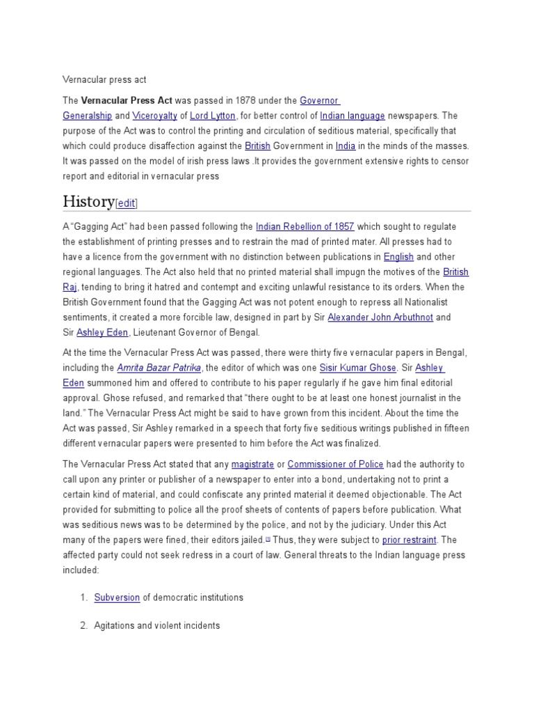 Vernacular Press Act PDF Freedom Of Expression Government