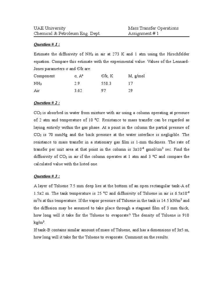 Diffusivity Calculations for NH3 and CO2 | PDF