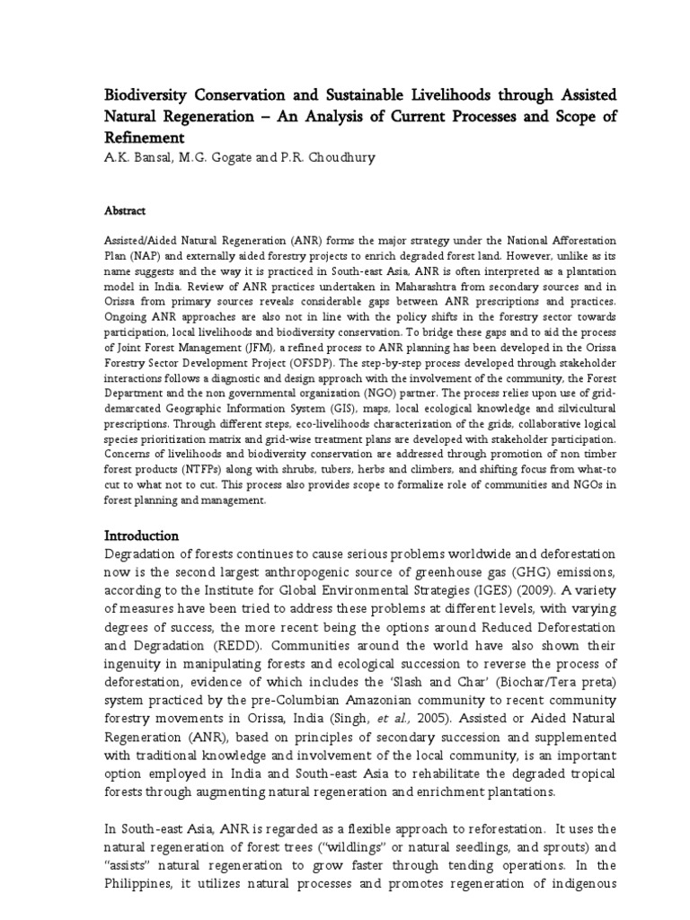 Assisted Natural Regeneration Biodiversity Livelihoods Pdf