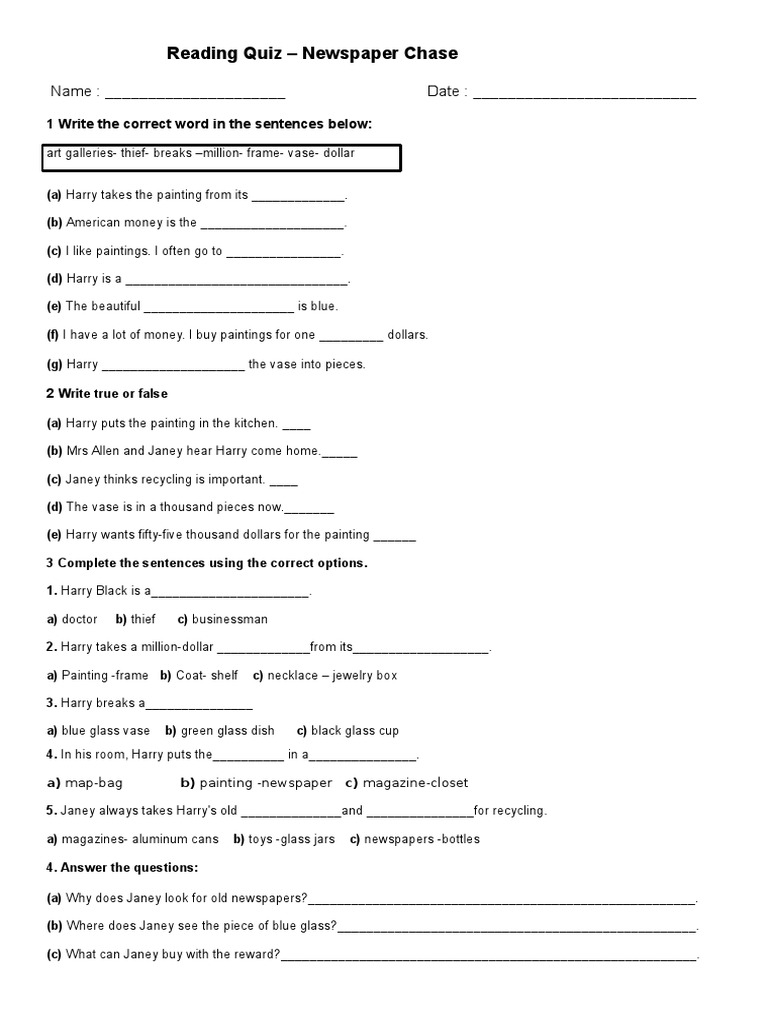 Reading Quiz Newspaper Chase with answers
