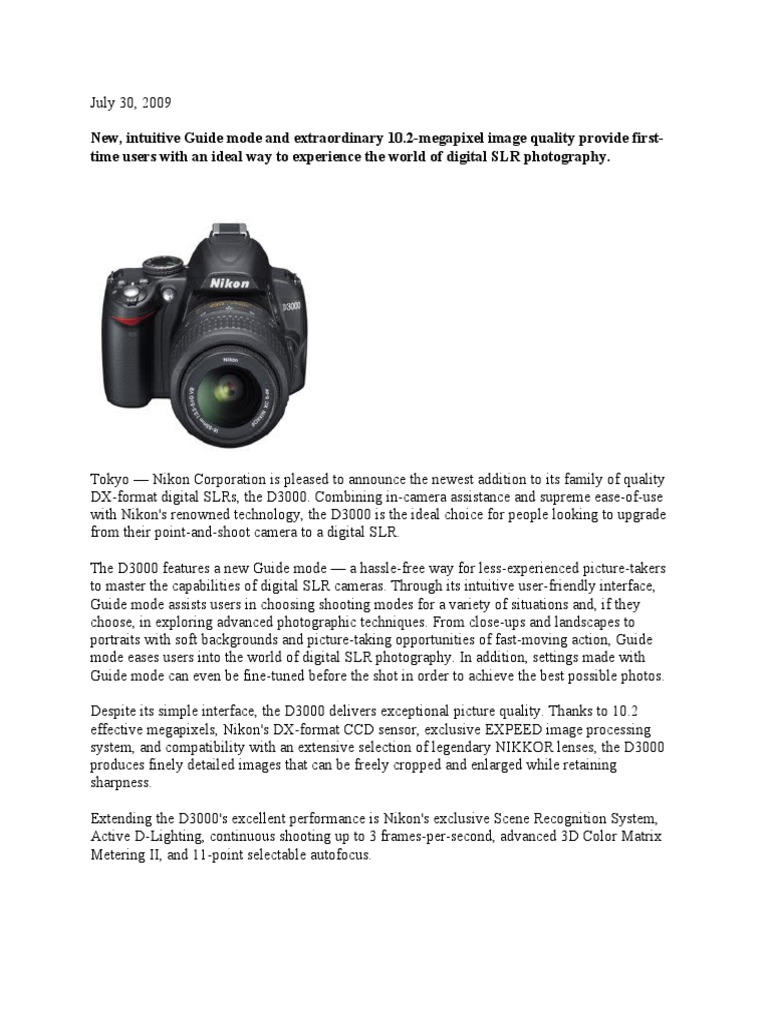Nikon d3000 Manual PDF Autofocus Digital Single Lens Reflex Camera