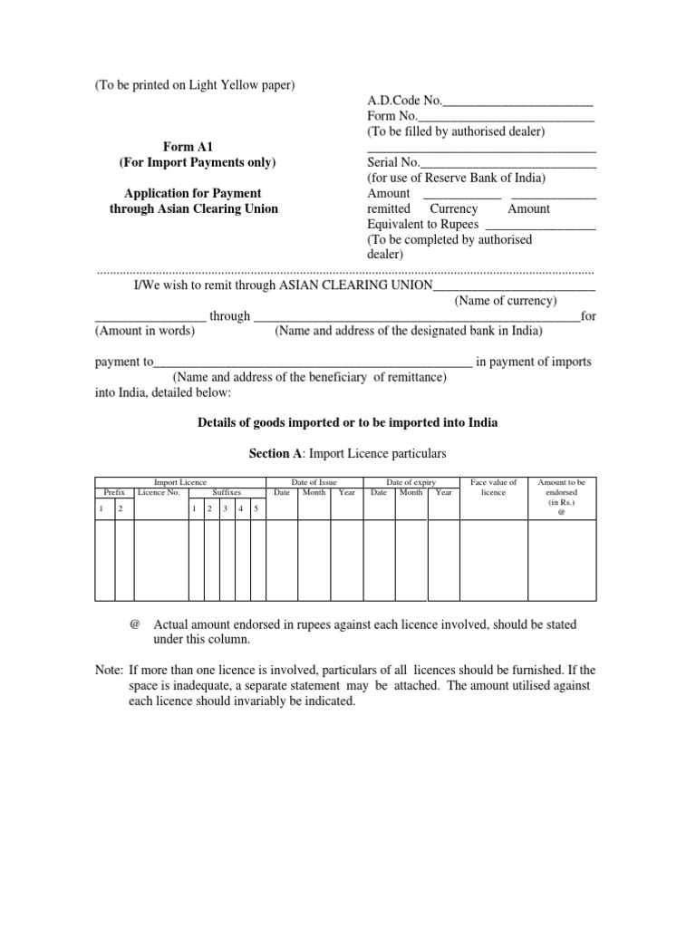 A1 Form for Import Payments via ACU | PDF