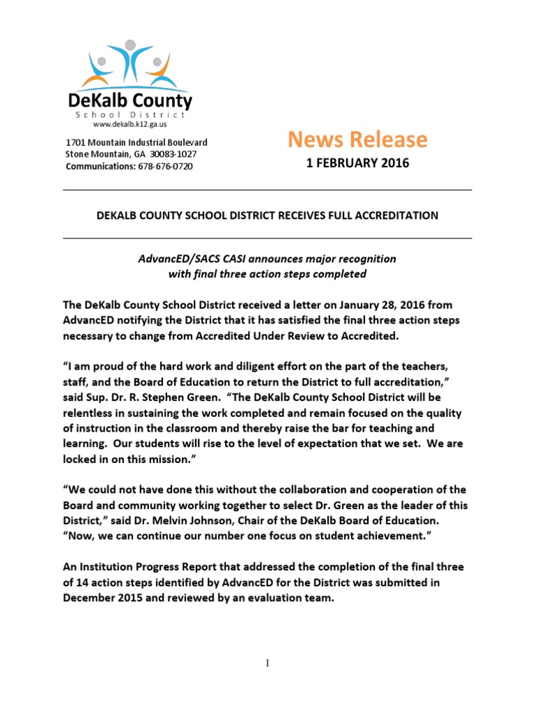 DeKalb County School District Receives Full Accreditation