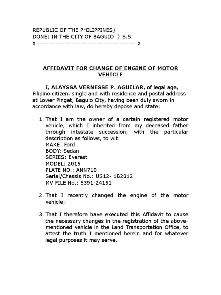 Affidavit for Engine Change Registration | PDF