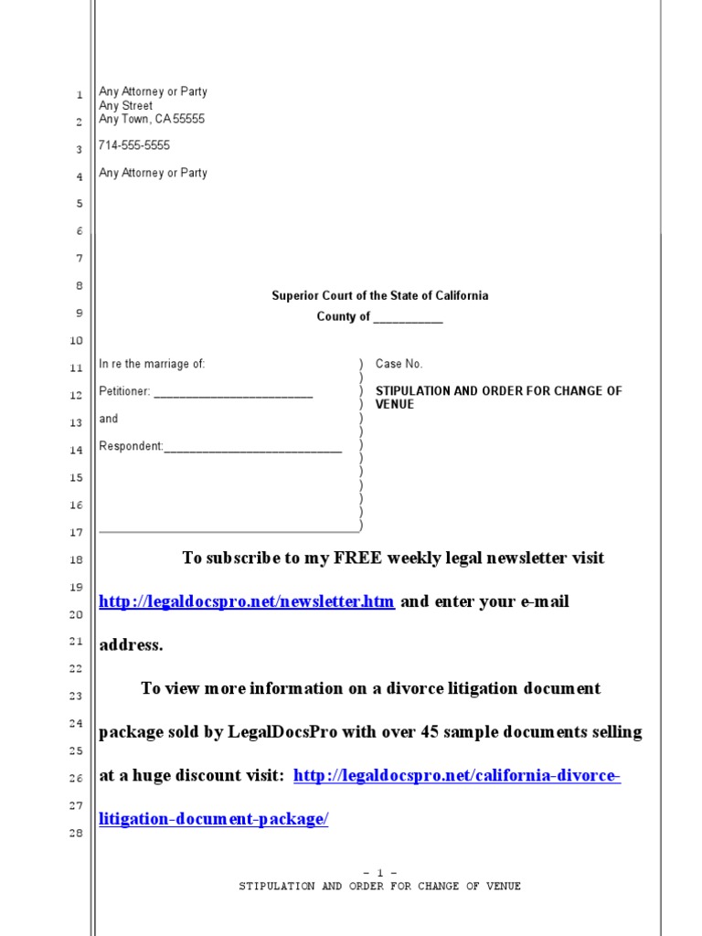 Sample Stipulation and Order for Change of Venue in California Divorce