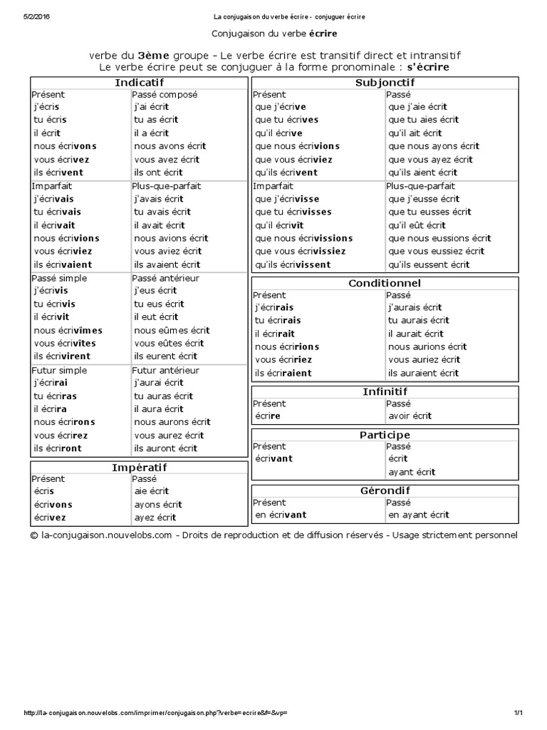 Conjugaison Du Verbe Boire En Espagnol La Conjugaison Du Verbe Écrire - Conjuguer Écrire | PDF | Verbe |  Morphologie linguistique