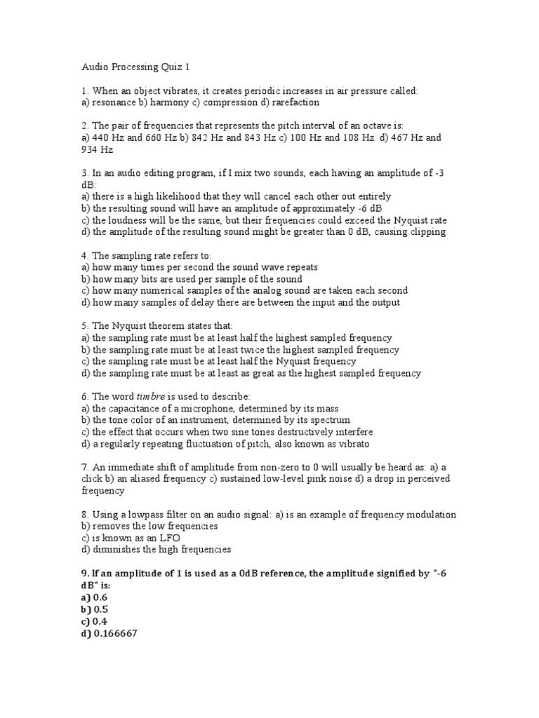 Audio Processing Quiz 1 PDF Sampling (Signal Processing) Pitch