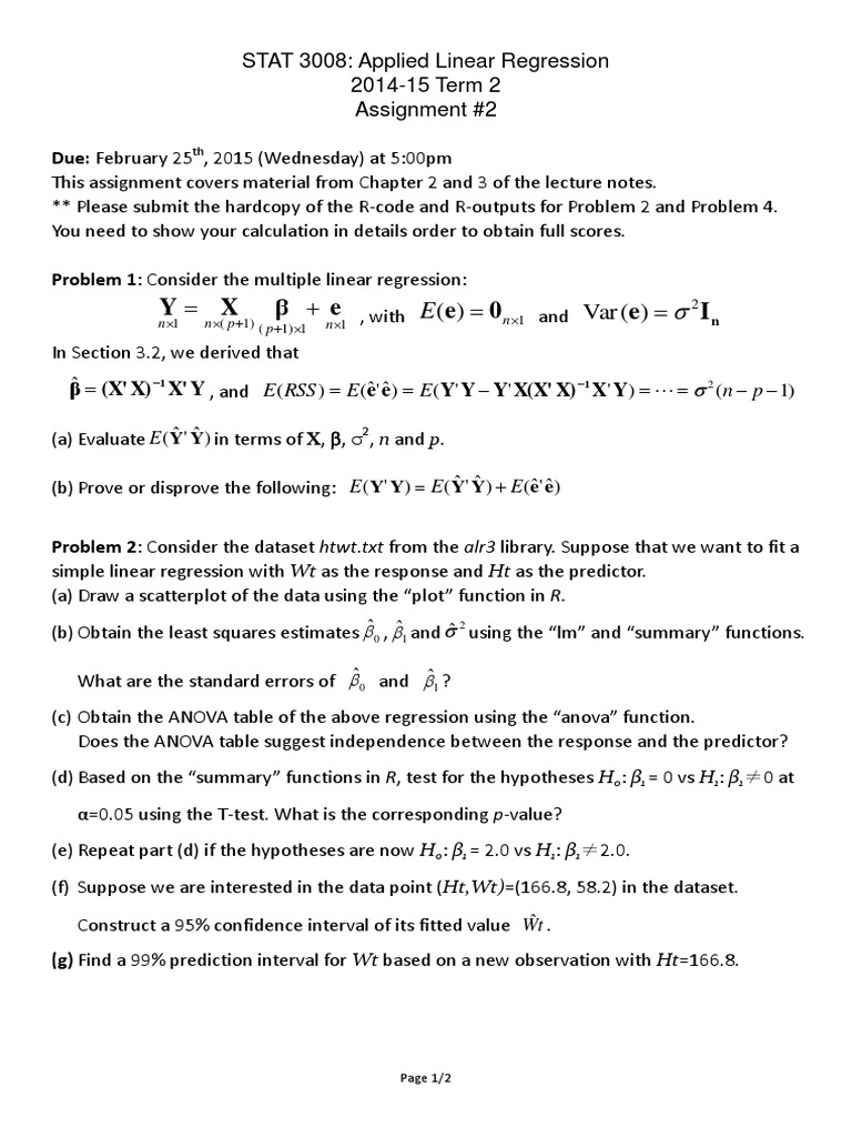 Cu 3008 Assignment 2 Due Feb 25th Regression Analysis Linear Regression